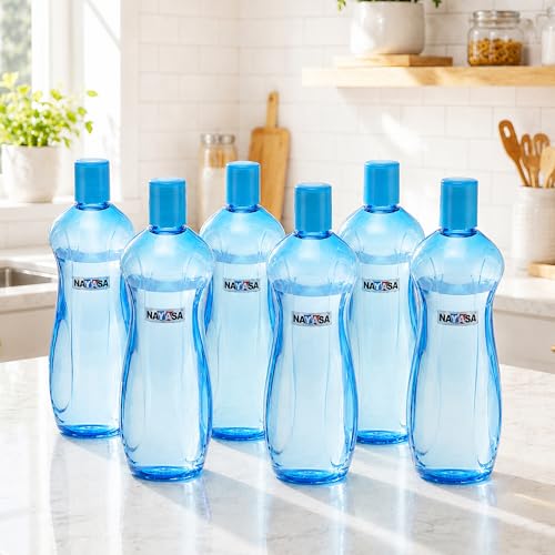 Image of Nayasa Loopy 1000 ML Pet Plastic Fridge Water Bottles Set of 6 | BPA Free | Leak Proof | Airtight Lid | Blue