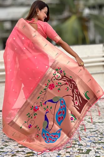 Image of SGF11 Women's Organza Kanjivaram Pure Soft Silk Handloom Saree Pure Golden Zari With Blouse Piece