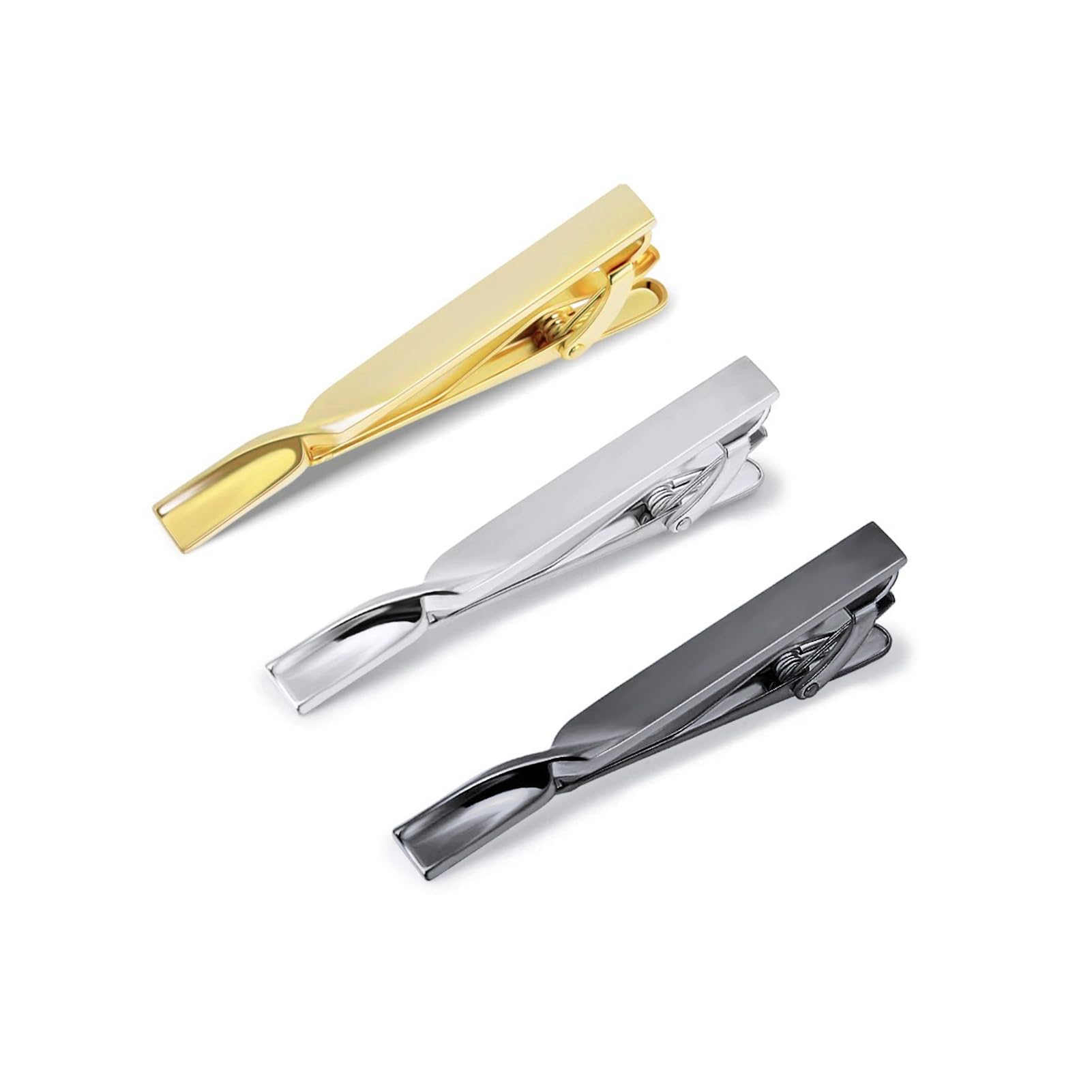 KOMI 3 Pairs Set of Mens Gold Silver and Gun Colored Tie Clips Classic mens Metal Tie Clip Gift Box for Meetings and Business Parties