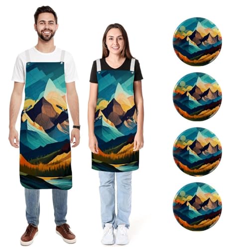 Lot de 2 tabliers de cuisine en lin avec motif montagnes lointaines