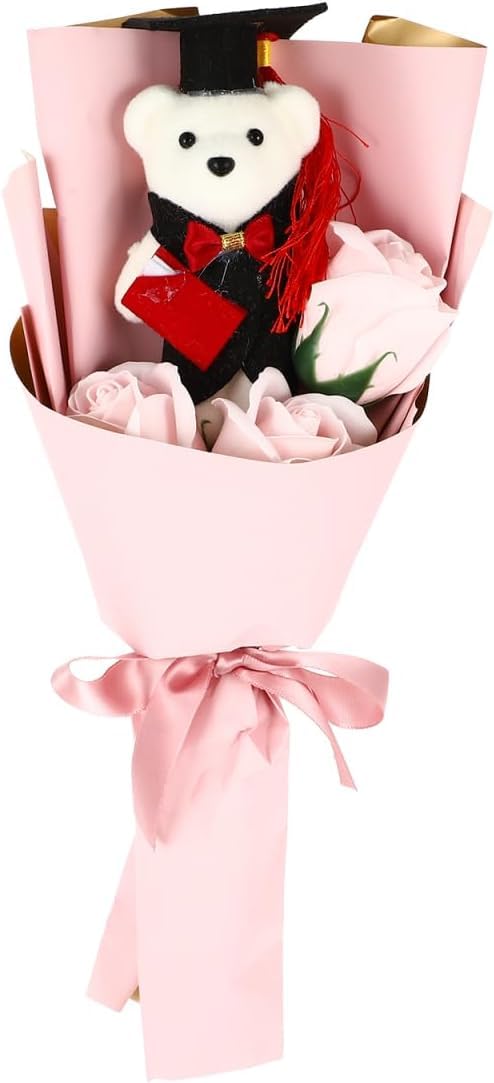 Niltracy Graduation Artificial Flower Bouquet Mini Plush Graduation Bear Bouquet, Bear Rose Bouquet Doll Bouquet Graduation Floral Arrangements (Pink)