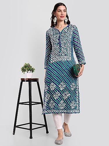 Image of Seva Chikan Hand Embroidered Lucknowi Chikankari Aqua Green Kota Women Kurta Kurti with Matching Slip (4047 Aqua Green XL)