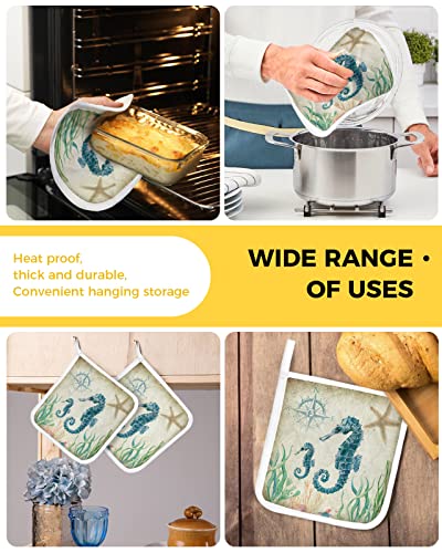 Pot Holder Set Of 4 Ocean Seahorse Seaweed Potholder Heat Proof Non-Slip Pot Holders,Retro Nautical Compass Hot Pads Potholders For Kitchen Cooking Baking Bbq #TOP4