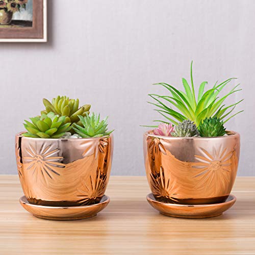 Mygift Rose Gold Ceramic Indoor Plant Pot With Drainage Hole And Decorative Sunburst Design, 5 Inch Round Succulent Planters With Attached Saucers, Set Of 2 #TOP2