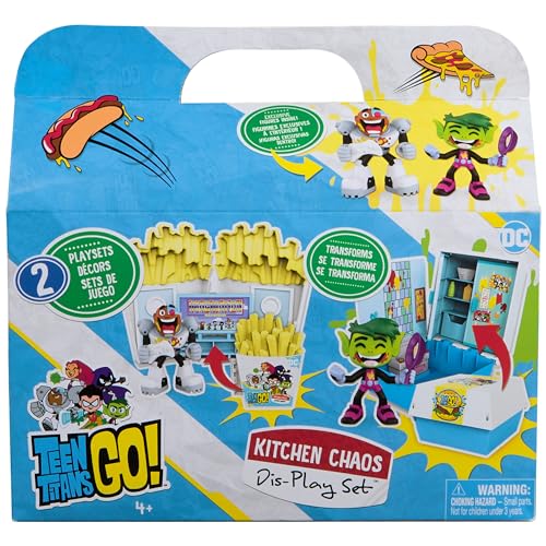Image of TEEN TITANS GO! - Kitchen Chaos Dis-Play Set - Decors with 2 Beast Boy and Cyborg Figures - Accessories - Beast Boy and Cyborg Figurines - Collectible Toy - Super Heroes - Toy for Children Ages 4+