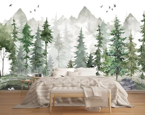 Papel Pintado Pared 3D Papel Tapiz Acuarela Pine Tree Mountain Fo...
