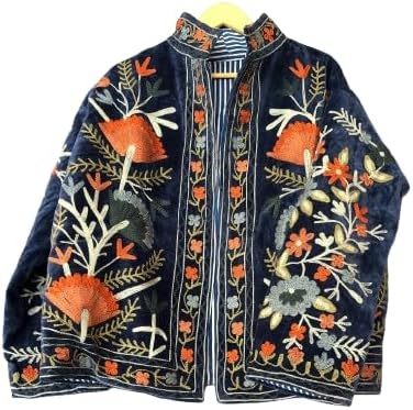 Vintage Floral Embroidered Velvet Jacket, Green with Orange and Blue Flowers, Bohemian Style