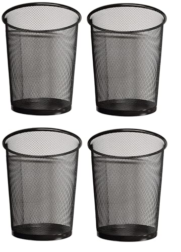 DIVCHI Round Trash Can Bin - 4 Pack Black Non-Slip Mesh Bins Waste Paper Bin Sturdy Metal Bin Indoor Waste Bin for Home Bedroom Office Bathroom Living Room & Kitchen (Black)