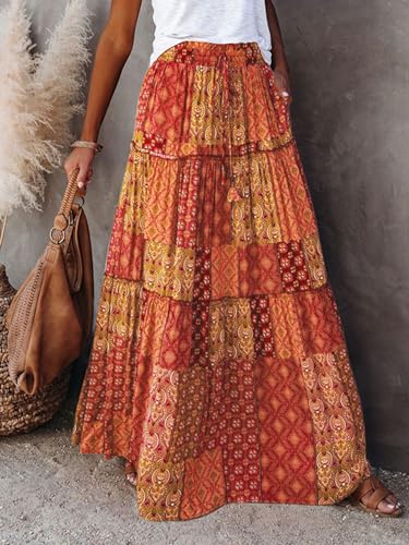 Women's Bohemian Skirts Vintage Elastic High Waist A-Line Skirts Tiered Long Skirts with Pockets Beachwear Skirt3