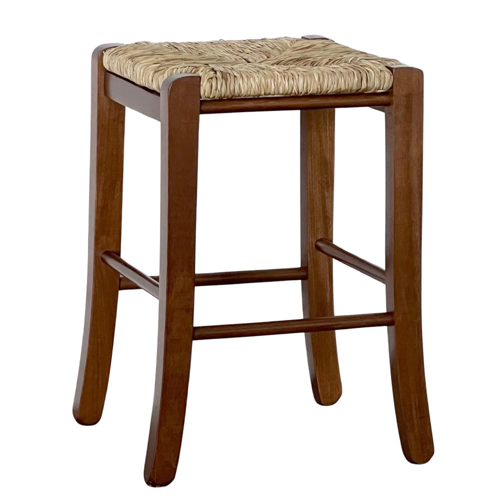 OKAFFAREFATTO MADDALONI Taburete bajo de madera con asiento cuadrado de 30 x 30 cm, de paja de nogal oscuro, altura 47 cm, ya montado con patas de sable
