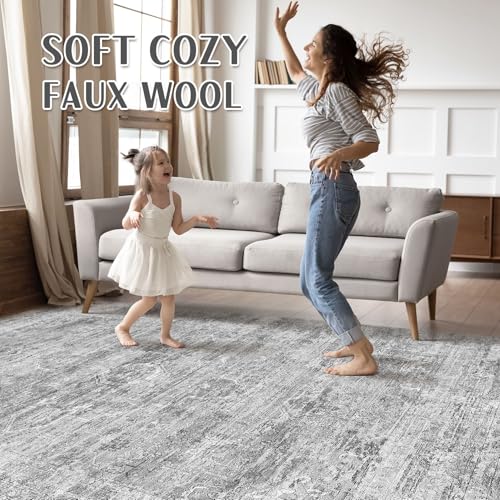 Grey Rug 9x12 Area Rug: Washable Boho Large Vintage Neutral Soft Rugs Stain Resistant Farmhouse Non-Slip Indoor Floor Carpet for Living Room Bedroom Playroom Office Dining Room Apartment Dorm
