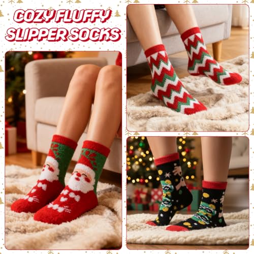 Image of Labeol 5 Pairs Christmas Fuzzy Socks for Women Gifts,Funny Cute Cozy Fluffy Thermal Winter Warm Fuzzy Socks