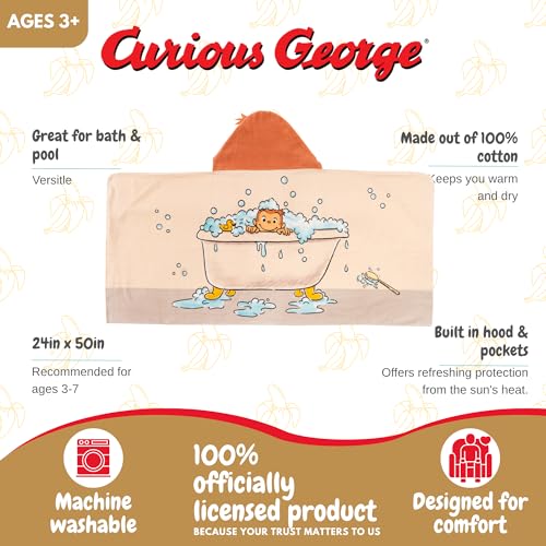 Image of Curious George Monkey Kids Super Soft Bath /Pool /Beach Soft Cotton Terry Hooded Towel Wrap, 24 in x 50 in (100% Officially Licensed Product) By Franco