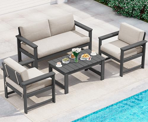 SERWALL 4 Pieces HDPE Outdoor Sofa Set with Cushions, All Weather Use Loveseat Furniture Sofa Set, Outdoor Conversation Couch with Coffee Table for Patio, Grey Frame with Khaki Cushions