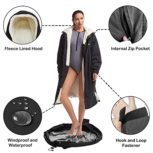 Hiturbo Warm Waterproof Swim Parka: Oversized Hooded Changing Robe - Sherpa Liner Swimming Coat - Recycled Fabric Surf Poncho