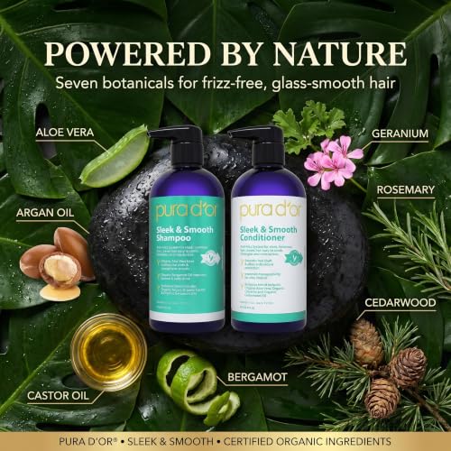 PURA D'OR Sleek & Smooth Shampoo and Conditioner Set For Frizz-Free & Silky Smooth Hair, Infused with Organic Aloe Vera, Argan Oil, Castor Oil, Bergamot Oil & Geranium Oil - image 3
