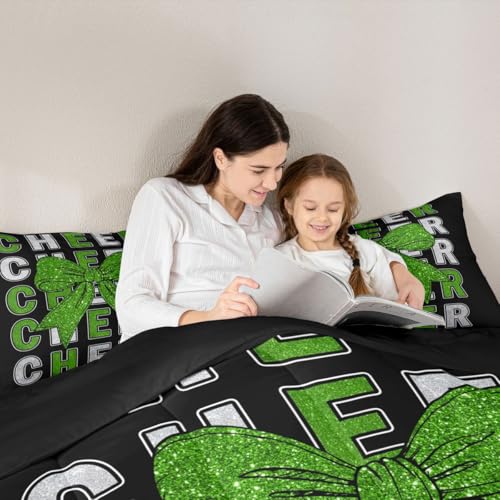 Image of Feelyou Cheer Comforter Set All Season Green Glitter Bowknot Bedding Set with 1 Pillow Cases Sport Cheerleader Microfiber Kids Twin Bedclothes Cheerleading Bedroom Decor Duvet Quilt Soft Lightweight