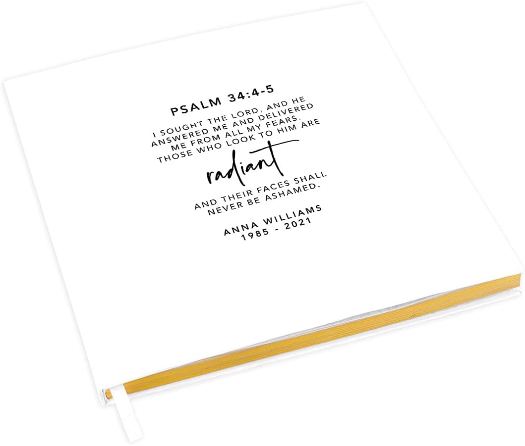 Andaz Press Personalized Memorial Biblical Guestbook with Gold Accents, Bible Verse, Psalm 34:4-5 White Guest Sign in Guest Registry 120 Pages 8.5 X 8.5 Memories Book for DIY, Scrapbook, Photo Album