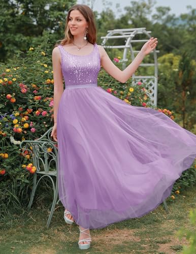 Image of BeryLove Sequin Dress for Woman Vintage A Line Wedding Formal Swing Mesh Dress Sleeveless Cocktail Maxi Gowns