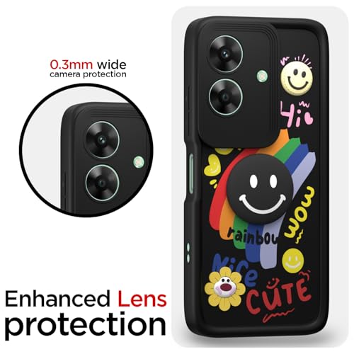 Image of Pikkme Back Cover for Realme Narzo N61 / Realme C61 4G | Soft Silicone| Cute Rainbow Smile & 3D Cartoon Flower Design | Shockproof Raised Camera Protection Bumper Case (Black)