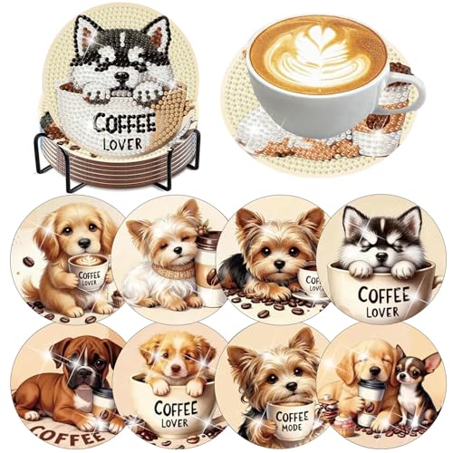 Xylogist 8 Pcs Coffee Dog Diamond Art Coasters with Holder Diamond Painting Coasters Kit for Adults Dog Diamond Art Kits for Home Decor House Warming Gifts 4X4 inch