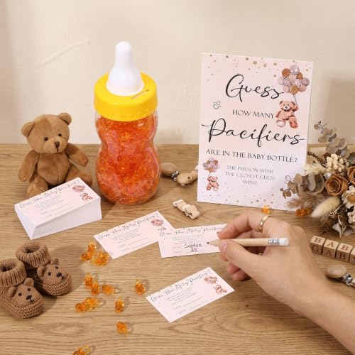 Image of Roowest 512 Pcs Baby Shower Games Guess How Many Pacifiers Sign 100 Small Guessing Games 10 HB Pencils 750ml Milk Bottle 400 Acrylic Pacifiers Decoration for Guest Gender Reveal (Brown,Little Bear)