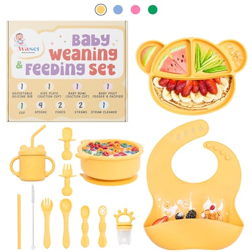 Image of Complete Silicone Baby Led Weaning Supplies Set - Animal-Themed 15-Piece Toddler & Baby Feeding Essentials with Bib, Suction Plate & Bowl, Forks, Spoons, Sippy Cup, Straws & More (Yellow)