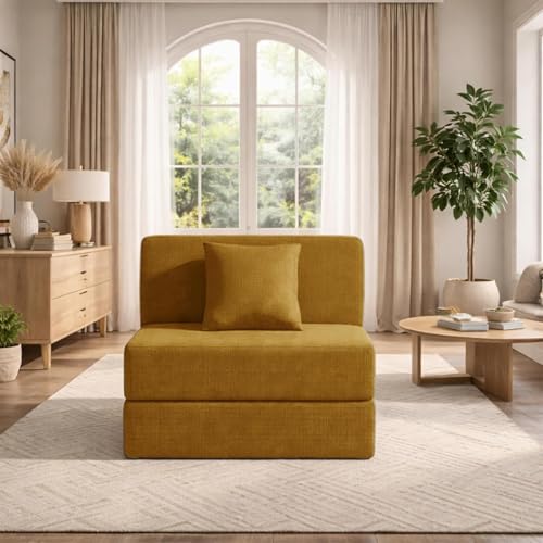 Image of Modern Jute Fabric Sofa Cum Bed with Cushion | 1-Seater Convertible Sleeper Sofa | Space Saving Folding Couch for Living Room, Bedroom & Guest Room-Golden