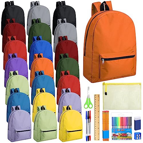 Silkfly 24 Pack 17 Backpacks Bulk with 24 Stationery Supply Sets Bookbags and Writing Accessories Kit for Donation(Multicolor)