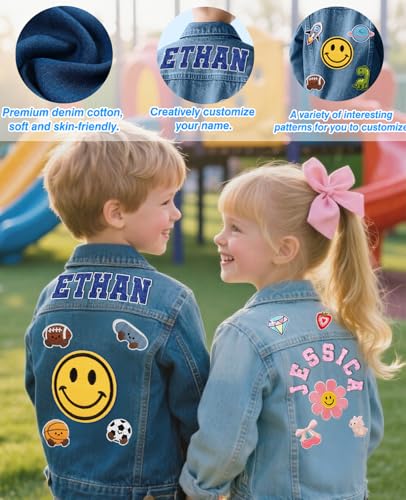 Personalized Kids Denim Jacket with Names Patch Custom Jean Jacket for Girls Boys 1-12 Years Customized Long Sleeve Jacket Clothes for Toddlers Birthday Christmas Back to School Gifts4