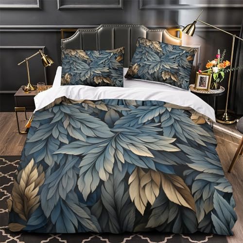Housses de couettes 3D imprimé feather shape drap lit bleu gris - 4