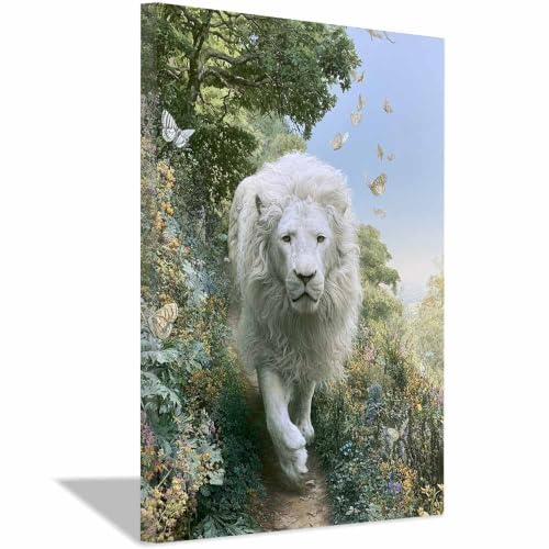 Lions blancs sauvages sur mur art décoratif : tableau haut de gamme 60x90cm PUQAAEO
