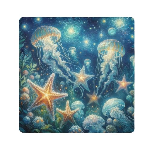 ODAWA Magic Storage Cloth 13.8. In, Starfishes and Jellyfishes Starry Night Open Lay Flat Makeup Bag, Easy-Storage Magic Cloth for Camera