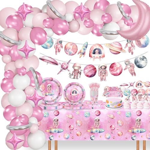 215 Pcs Outer Space Girls Birthday Decorations Pink Astronauts Dinnerware Tablecloth Cake Cupcake Topper Banner Balloon Garland Kit for Space Theme Baby Shower 1st 2nd 3rd Birthday Party Supplies