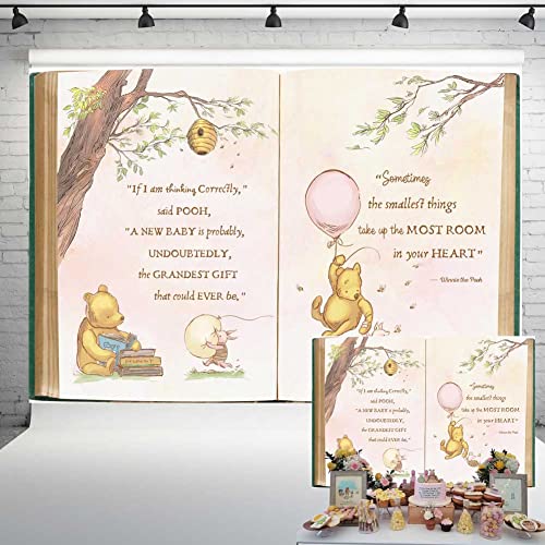 Fondo vintage de oso Pooh para baby shower para niña, libro gigante retro, árbol de primavera, fondo clásico, cita de recién nacido, pancarta de tinte rosa y amarillo, 7 x 5 pies, 137