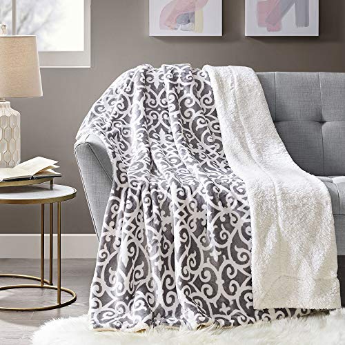 Comfort Spaces Ultra Soft and Cozy Sherpa Reversible Throw Blankets for Couch and Bed, Plush Fleece Cozy Cover with Fuzzy Faux Fur, 50 x 60 in, Grey Lattice