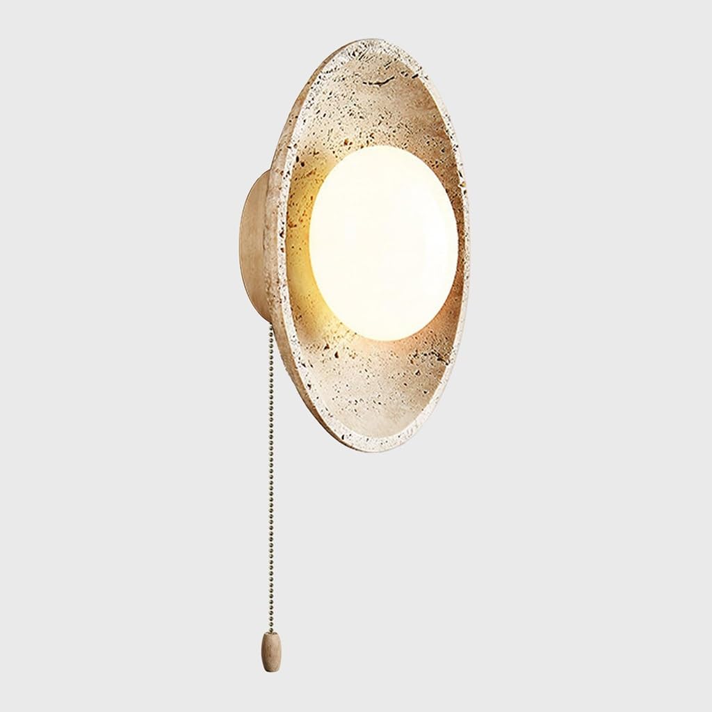 Cosrub Wood Vintage Travertine Wall Lamp, Cream Round Stone Wall Sconce With Pull Chain Japanese Globe Glass Wall Mounted Light For Beddoom Bedside Living Room(Wood)