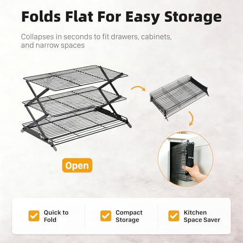NZJWZS 3 Tier Cooling Rack, Collapsible Adjustable Height Wire Baking Rack with Stable X-Leg Design, Space-Saving Cooling Racks for Cooking and Baking Cookies, Cakes & Pastries, 17.1" x 9.8", Black by NZJWZS - Image 5