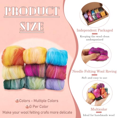 Image of Magibeasd 1.59 oz Wool Roving for Needle Felting Nature Wool Yarn Kit Variety 9 Colors for Beginners Felted Crafts DIY Materials Hand Spinning Supplies