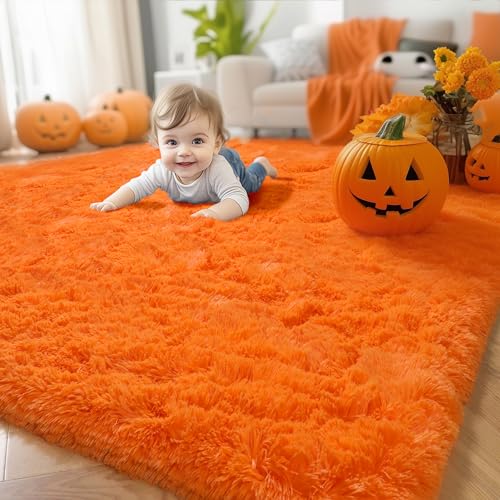 Amdrebio Orange Rugs for Bedroom Living Room, 5x7 Fluffy Fuzzy Area Rugs for Kids Room Decor Aesthetic, Cute Furry Plush Shag Carpet for Toddler Teen Girls Boys Baby Nursery Dorm Playroom Classroom
