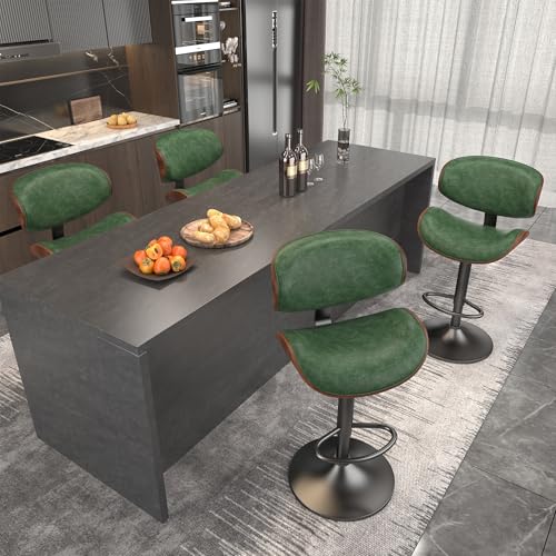 Image of YaFiti Bar Stools Set of 2, Bar Stools for Kitchen Island with Bentwood Back and Leather Seat, Green