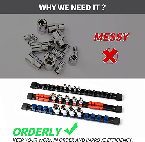 Image of Reniteco 15-Pack Socket Organizer Set, 1 /4 inch x 80 3 /8 inch x 75 1 /2 inch x 60 Clips | 215 Clip Capacity, Havy-Duty ABS Socket Rails, Removable Clips, Drive Socket Storage, Toolbox Drawer or Wall Mount