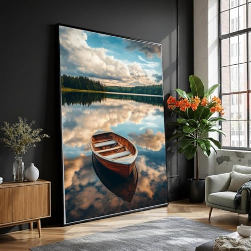 Tableau paysage lacustre pour salon nature peinture eau calme vue forêt