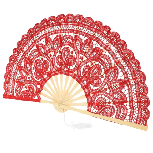 DECHOUS Abanico Plegable de Mano para Mujer, Abanico Vintage de Encaje Rojo Varillas de Bambú, Accesorio Ligero para Bodas y Fiestas, Ventilador Portátil Elegante para Ocasiones Obsequios
