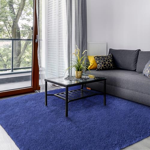 SOANNY Living Room Area Rug, Navy Blue Small Soft Fluffy Shaggy Solid Carpet for Bedroom Dorm Bedside Lounge Office Non-Slip