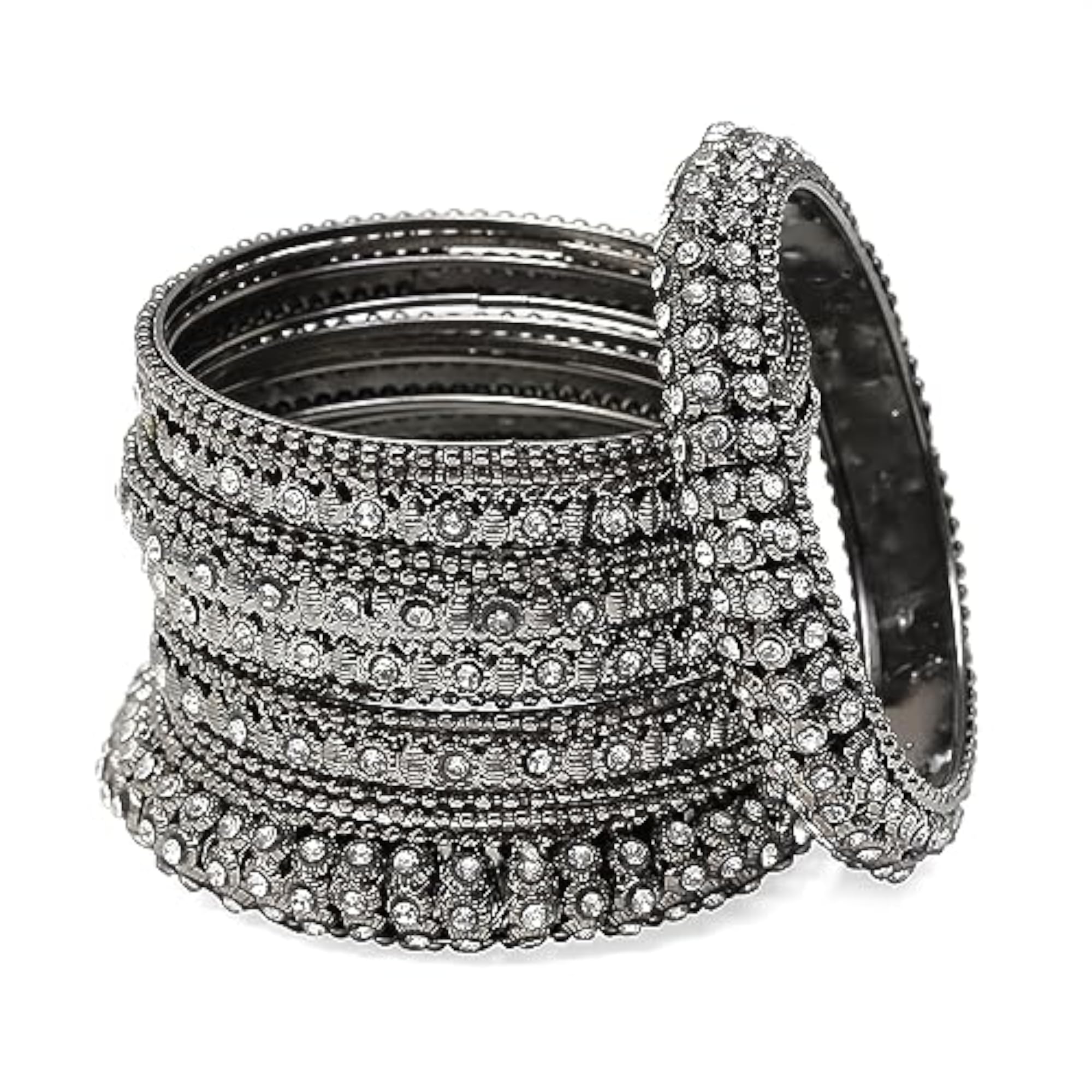 Oxidised Silver-Plated Bangles Set with Artificial Stones (Set of 14)