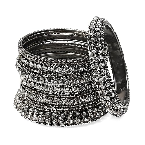 Oxidised Silver-Plated Bangles Set with Artificial Stones (Set of 14)