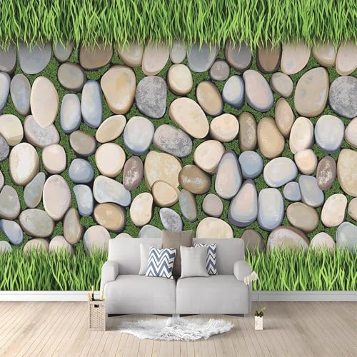 Papier Peint Galets 3D Auto Adhesif Panoramique Mural Herbe Verte Papier Peint en Soie Poster Trompe L'oeil Décoration Murale Salon Chambre 200x140 cm A-6991