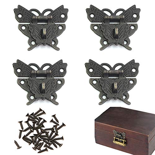 Antique Latch Hasp, 4-Pack Retro Bronze Zinc Alloy Butterfly Lock Catch & Screws for Jewelry Box Cabinet Wooden Case Gift Box (Single Padlock Hole)