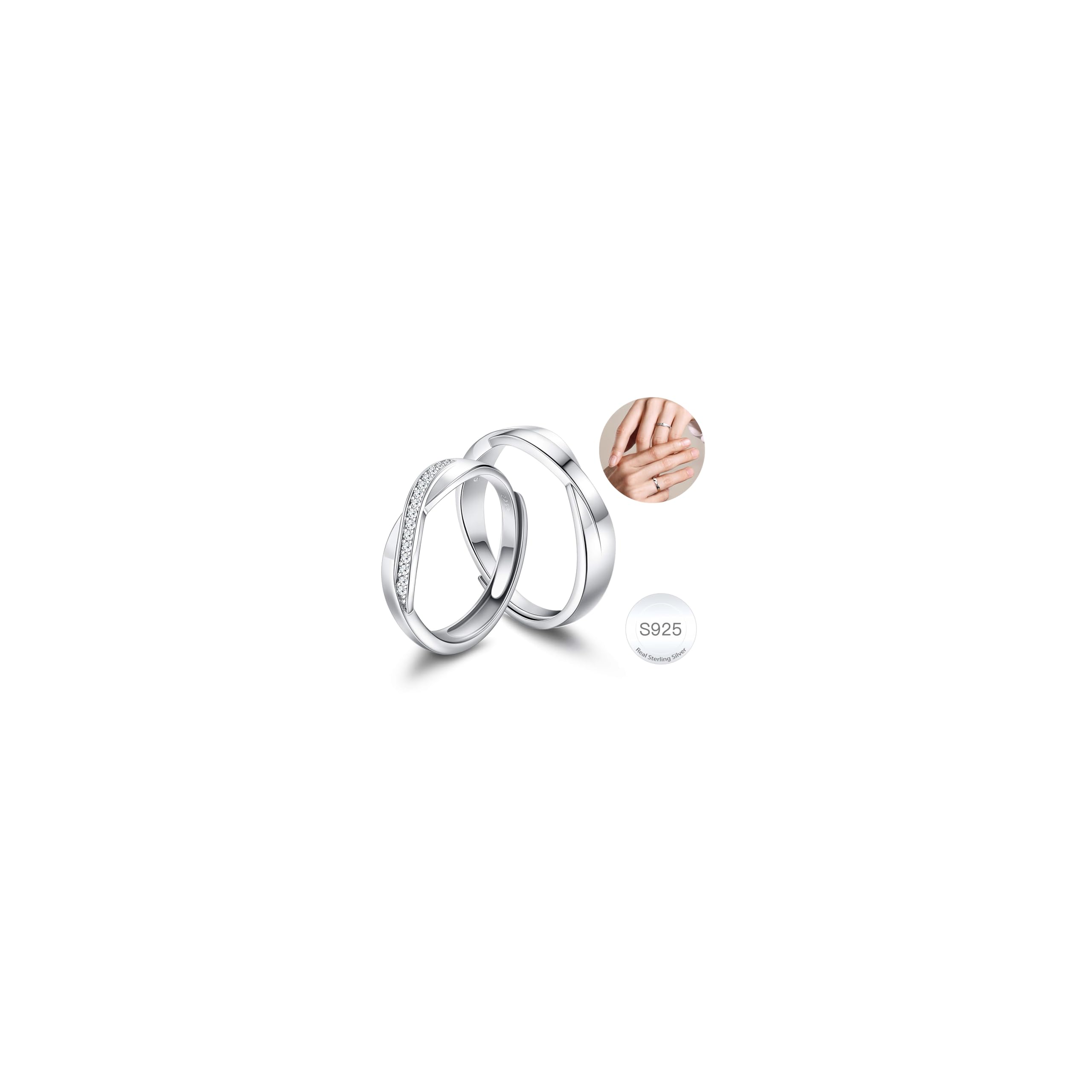 LOLIAS Plata de Ley 925 Anillos de Pareja, de Bodas, de Promesa, de Compromiso Banda Aniversario Conjuntos de Novia San Valentín Caja de Regalo para Mujeres Hombres Ajustable Recycled Claim Standard 100